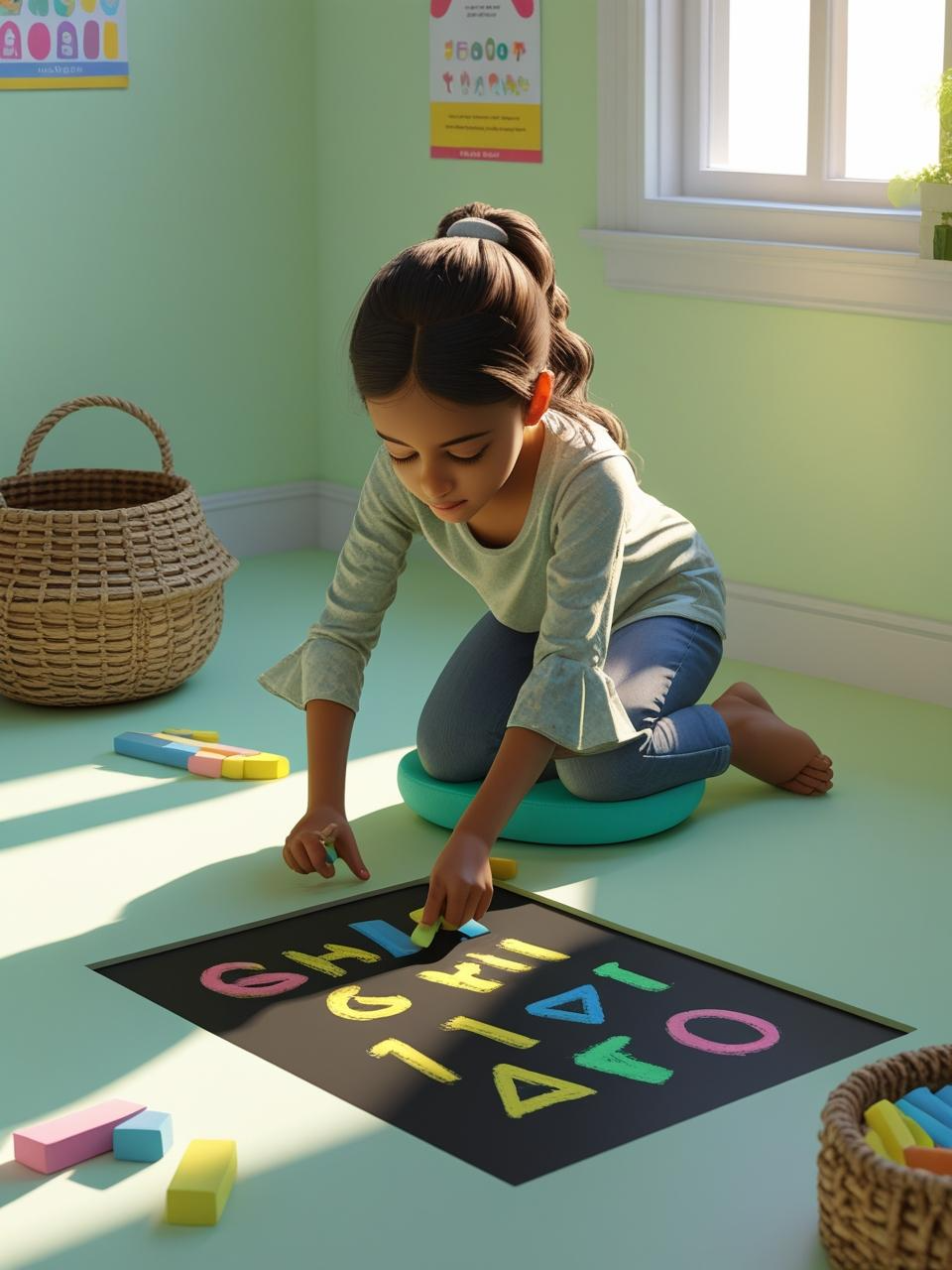 Homeschool setup for small spaces with a chalkboard-painted floor section used for writing and drawing activities.