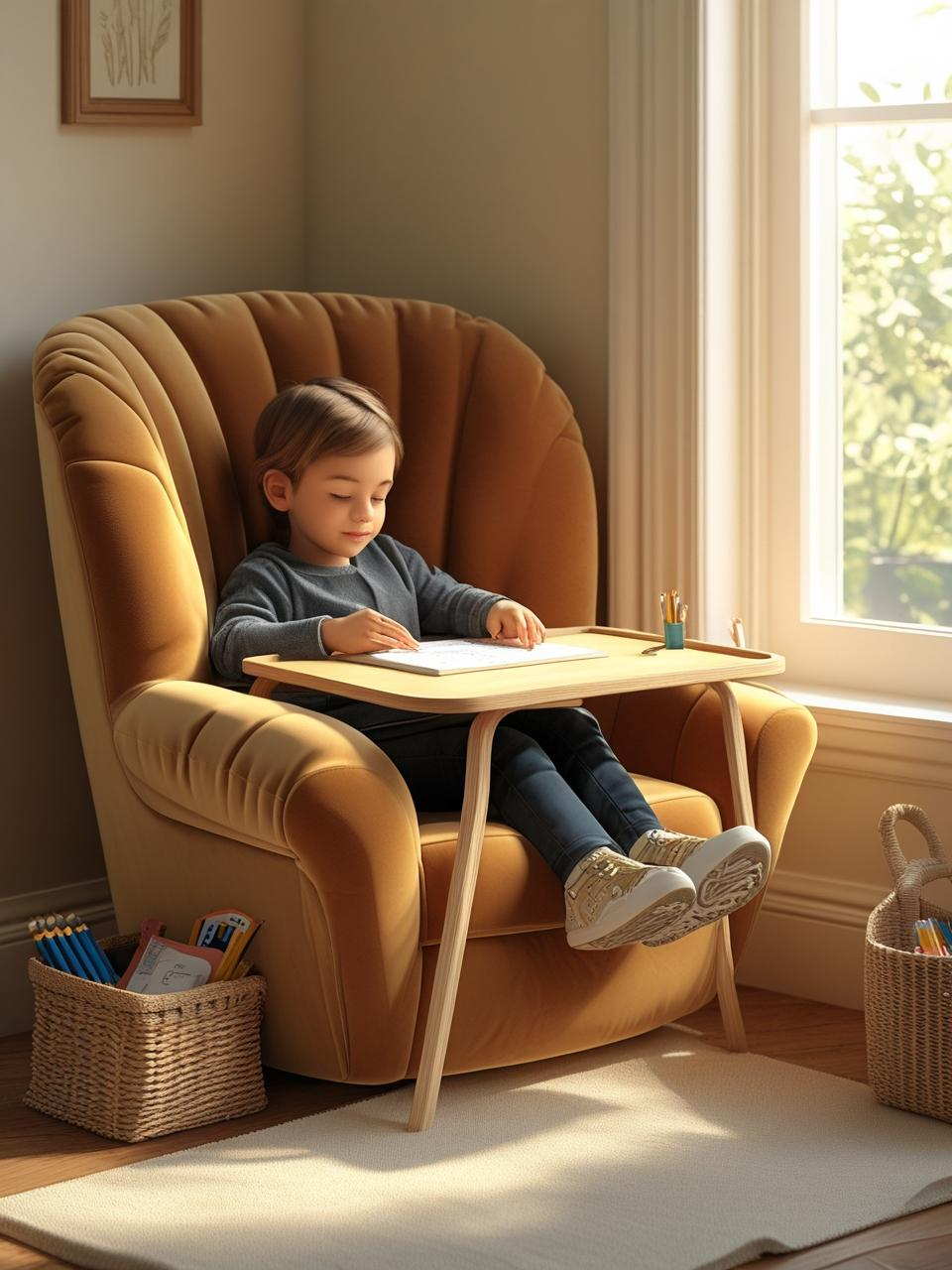 Homeschool setup for small spaces with a cozy armchair, lap-desk, and basket of learning supplies.