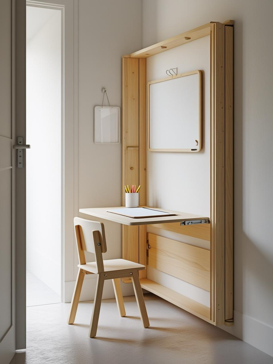 Homeschool setup in small spaces with a fold-down wall desk, pencil cup, and whiteboard in a narrow hallway