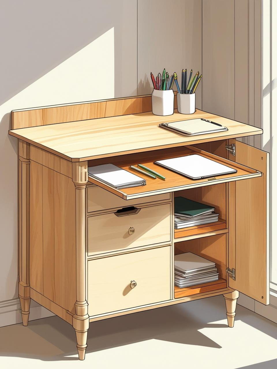 Homeschool setup in small spaces with a pull-out tray desk inside a shallow cabinet for laptop and school supplies.