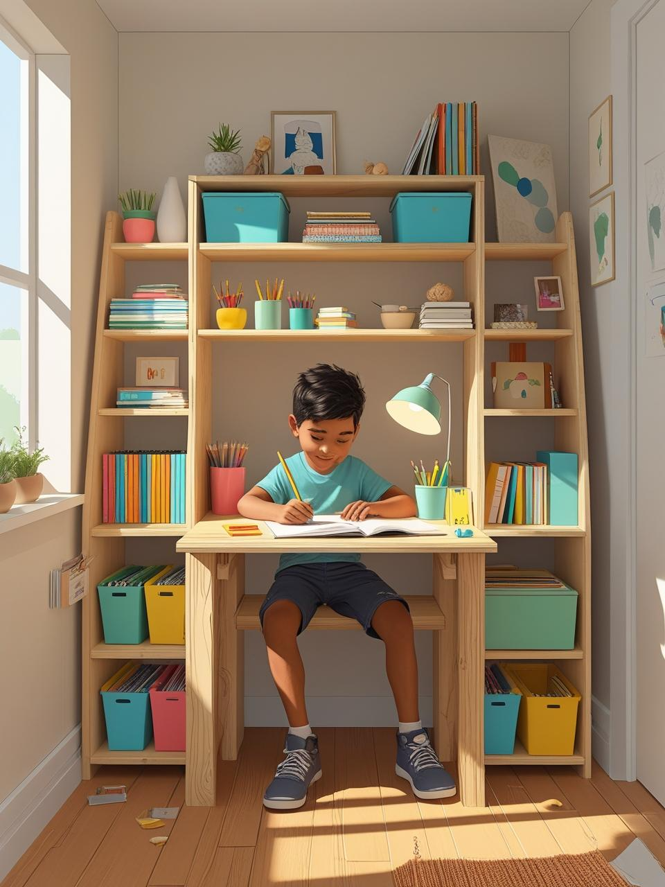 Homeschool setup in small spaces with a short bookcase converted into a stand-up desk with books and supplies below.
