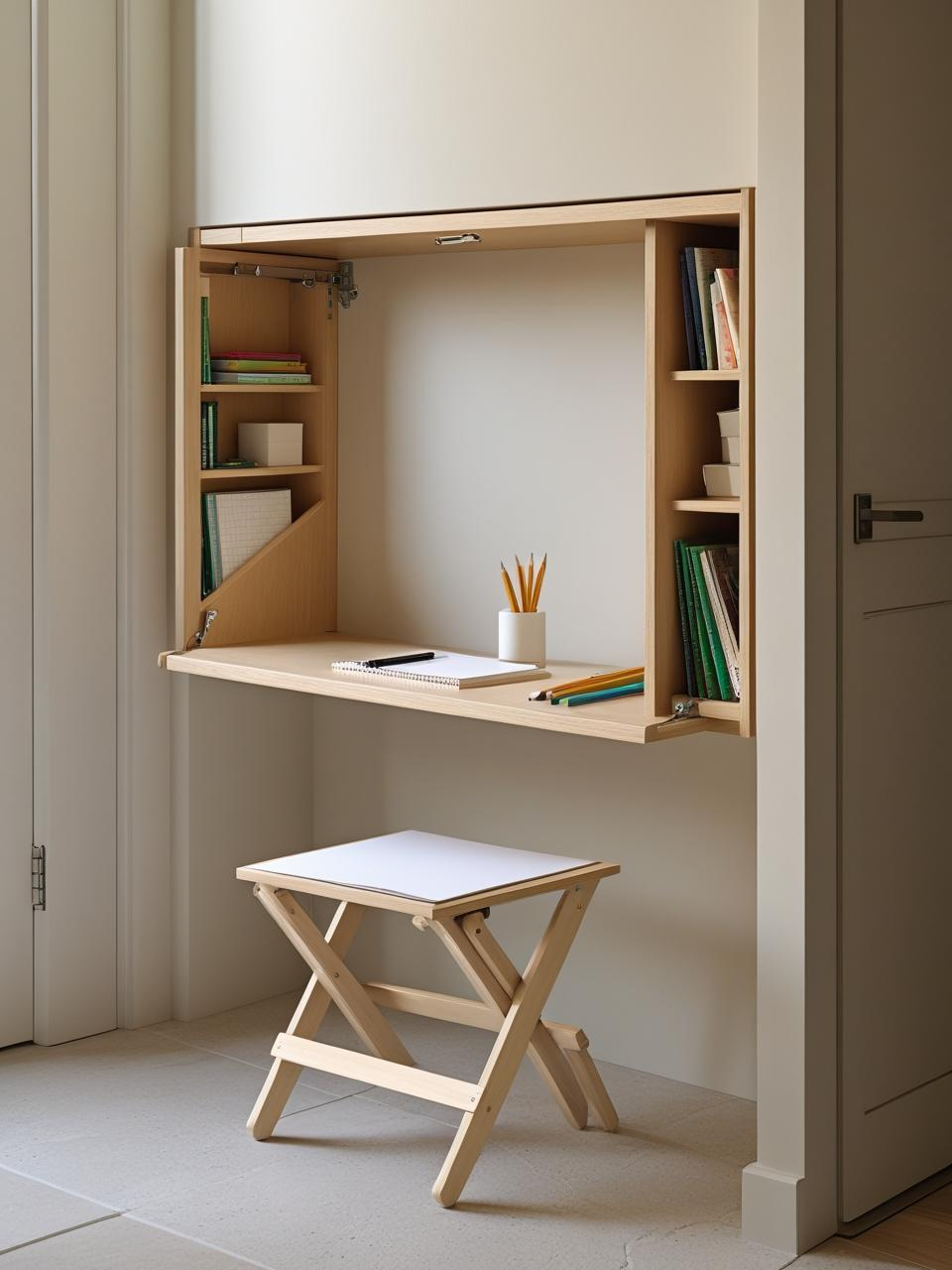 Homeschool setup in small spaces with a swing-shelf desk and folding stool in a hallway alcove.