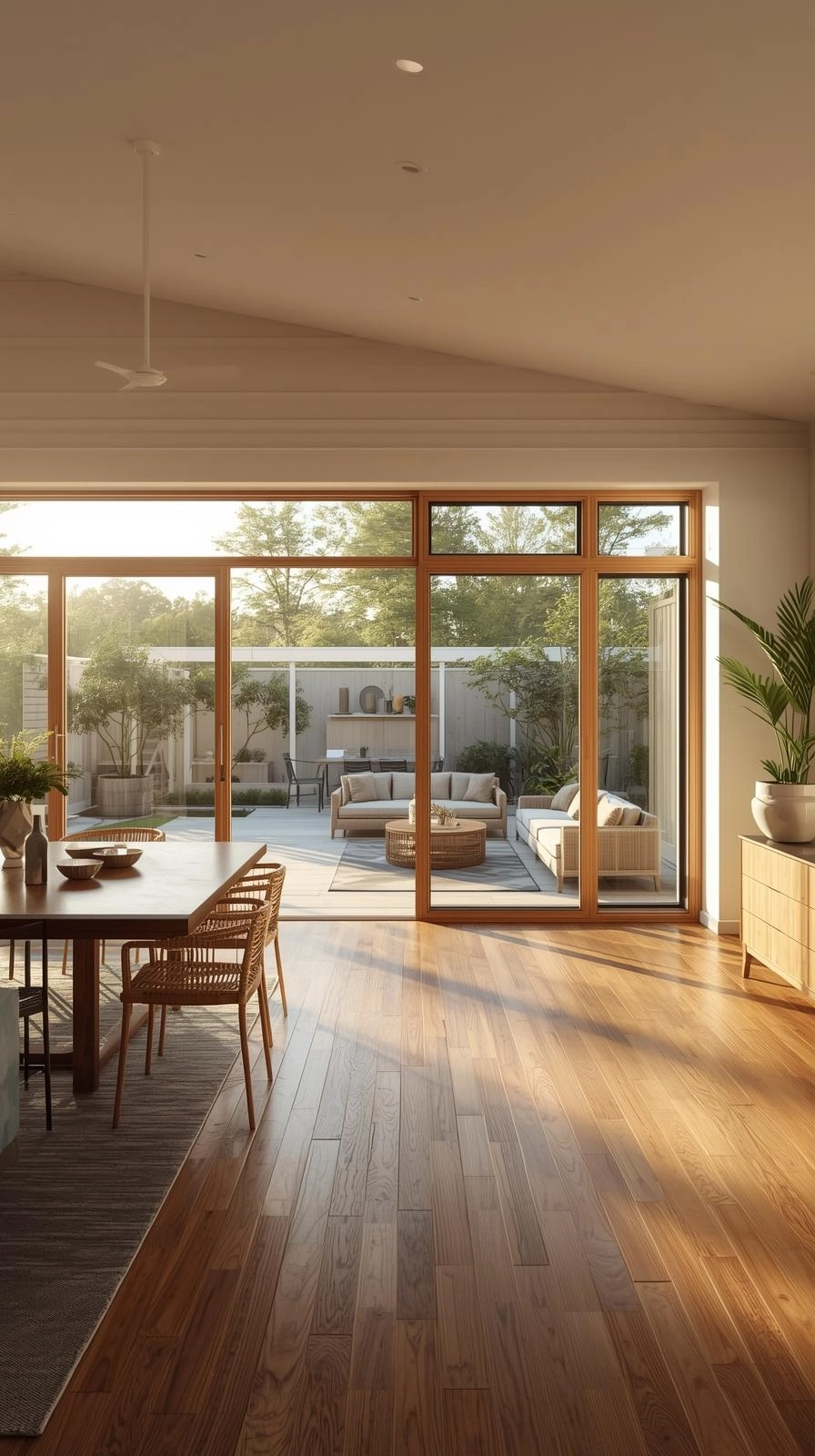 Multipurpose room with sliding glass doors opening to a patio, blending indoor comfort with outdoor living and natural light.