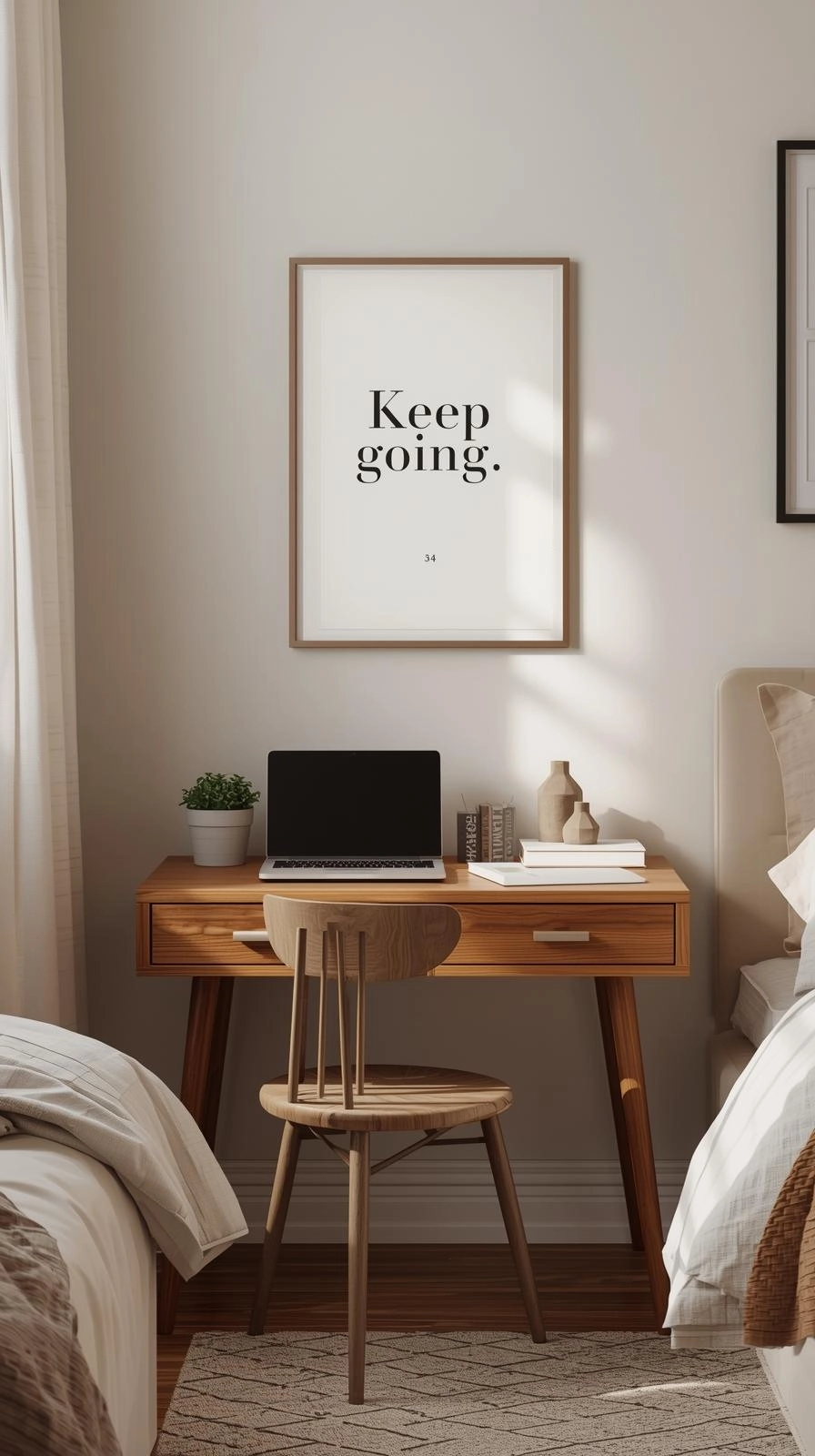A cozy college dorm room featuring an inspirational quote poster above a study desk, showing minimalist decor and warm natural lighting.