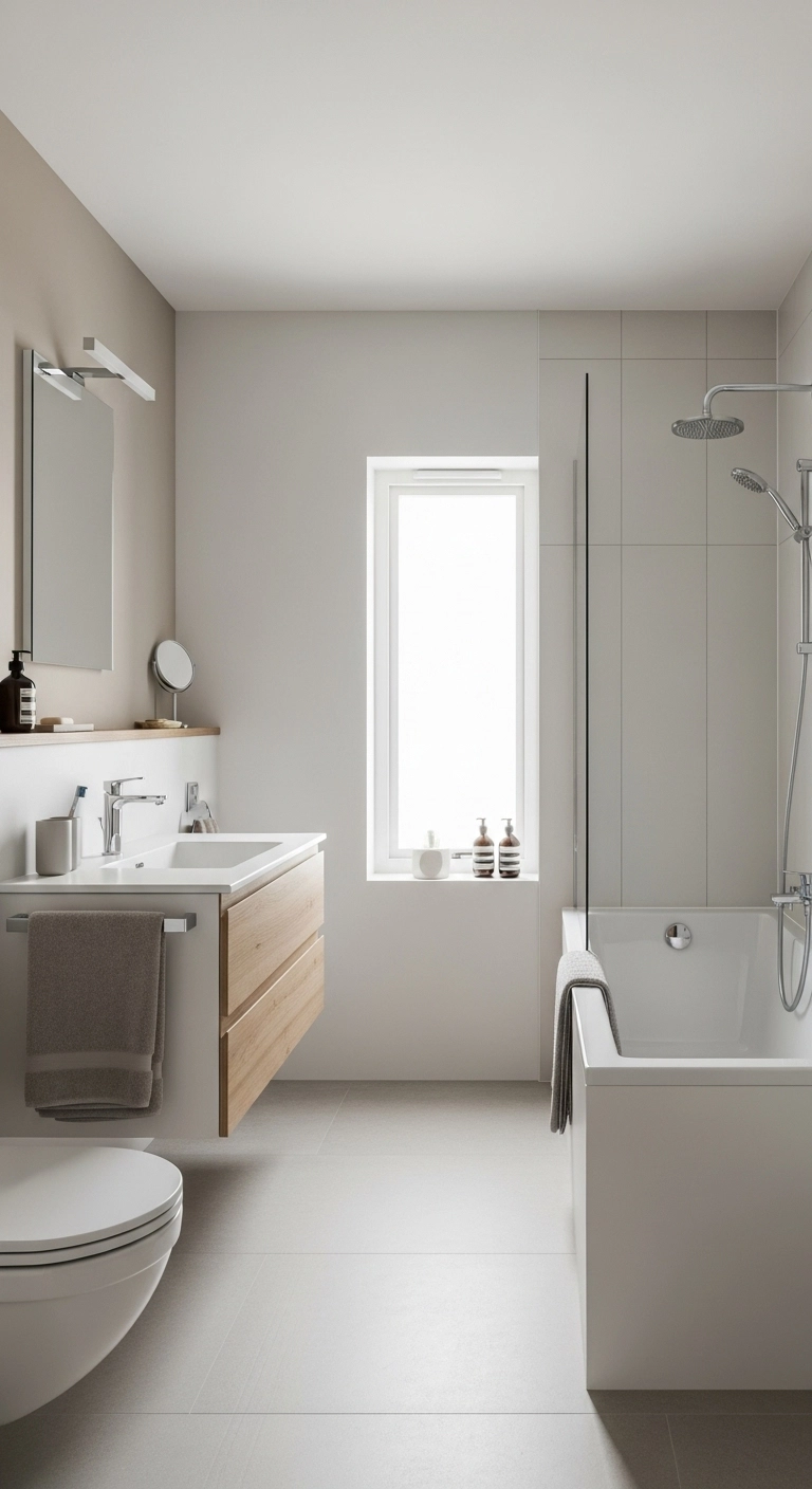 Modern Japandi bathroom design with clean lines, floating vanity, minimalistic bathtub, and neutral colors for a calm, uncluttered space.