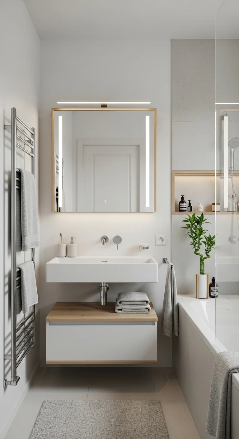 Japandi bathroom design with indoor plants like ferns and bamboo, enhancing freshness and complementing natural wood and neutral tones.