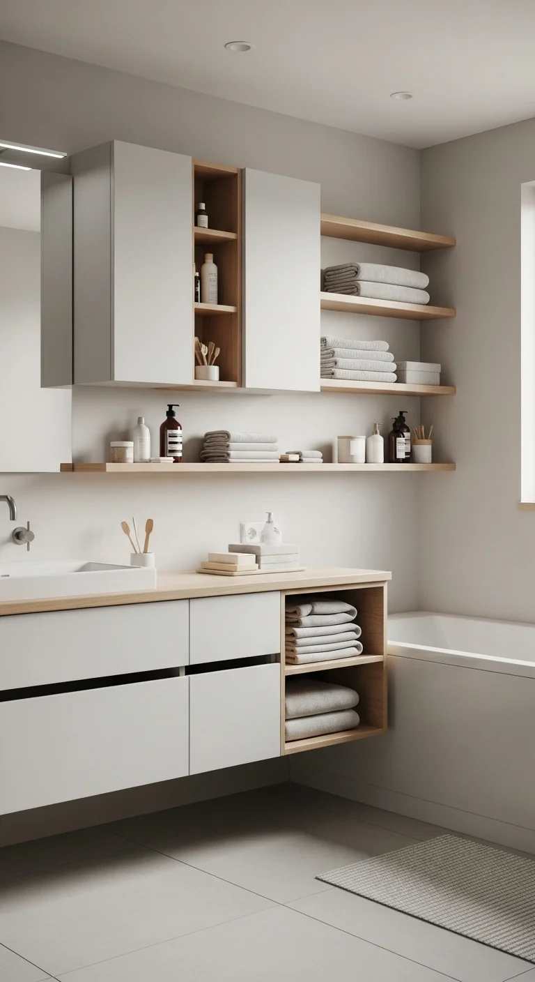 Japandi bathroom design with minimalistic storage, floating cabinets, open shelves, and clear countertops for a tidy and functional space.
