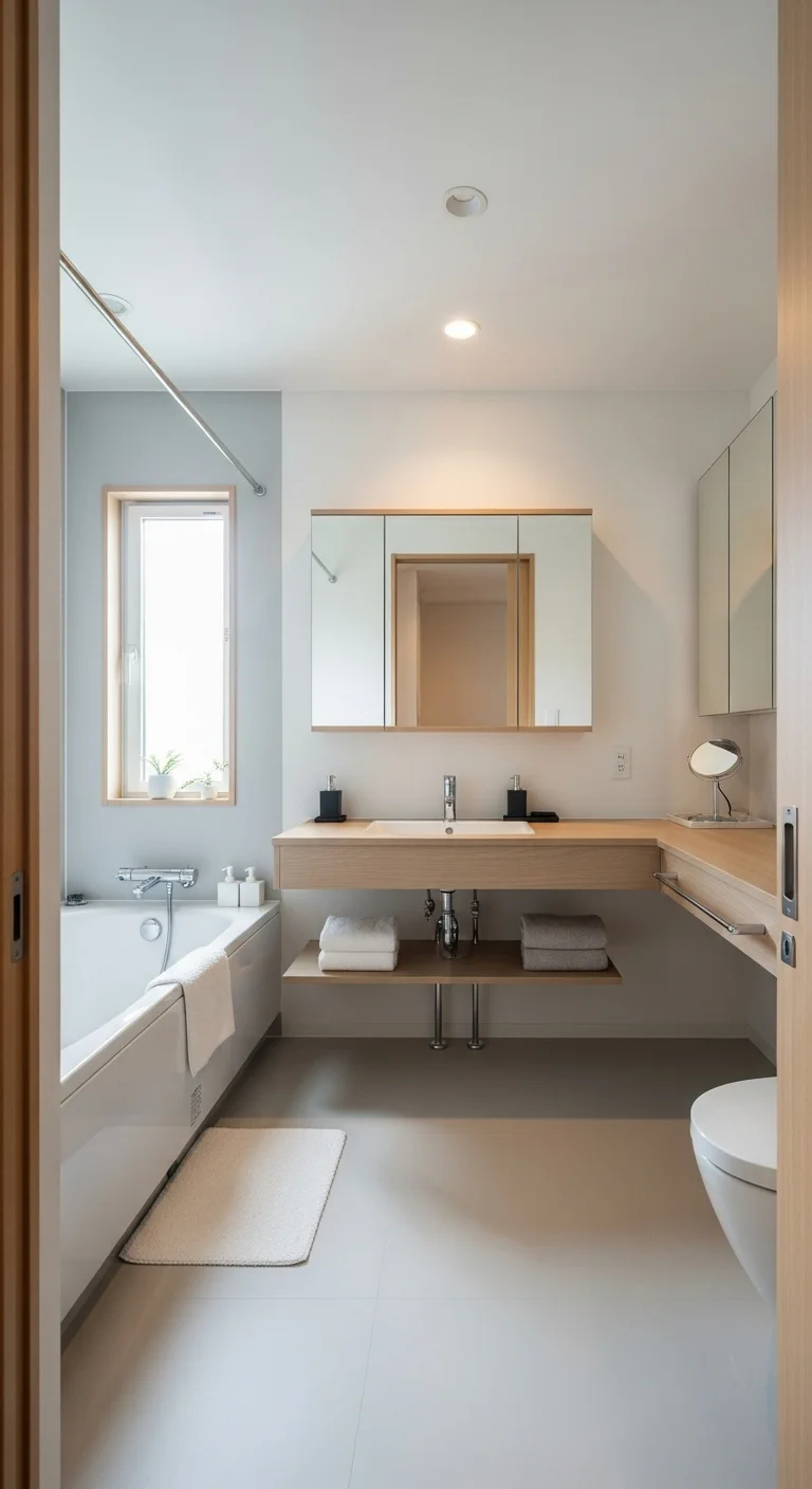 Japandi bathroom design showcasing open space and functional layout with uncluttered fixtures, floating vanity, and a minimalistic bathtub.