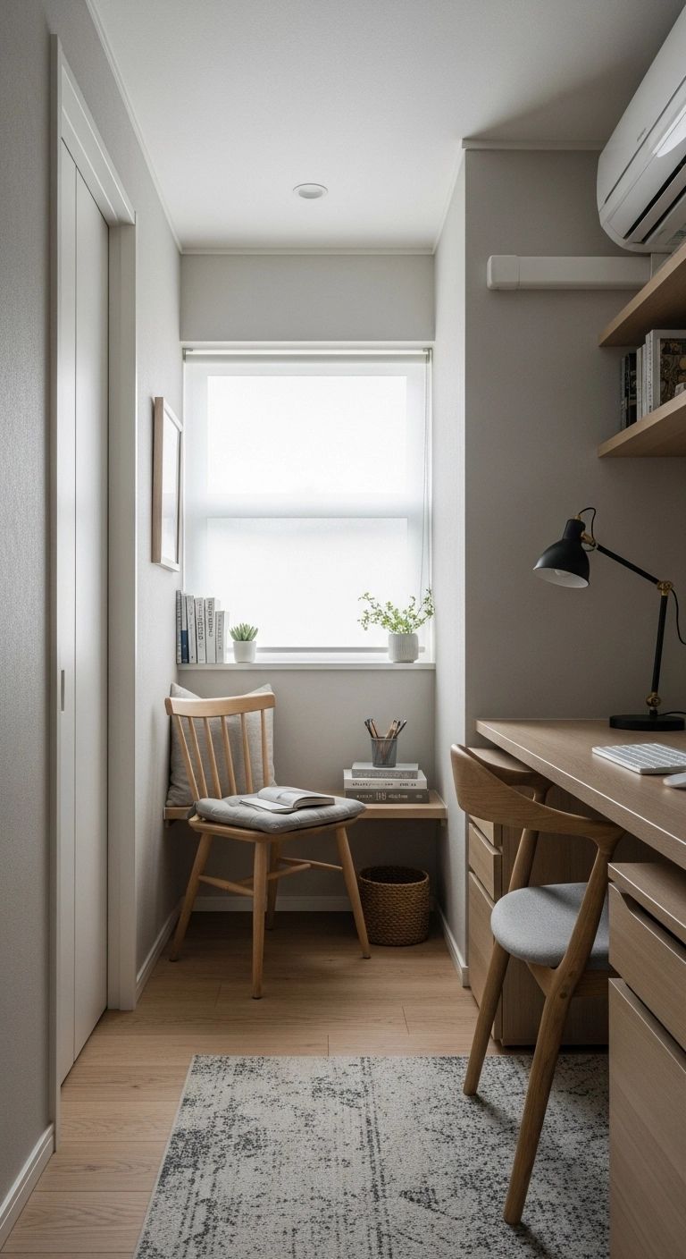 Japandi home office with a small break corner featuring a wooden chair and cushion, providing a calm space to reset.