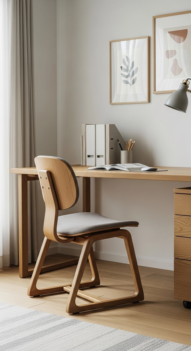 Japandi home office chair with a simple wooden frame and soft cushion, placed at a clean desk in a calm workspace.