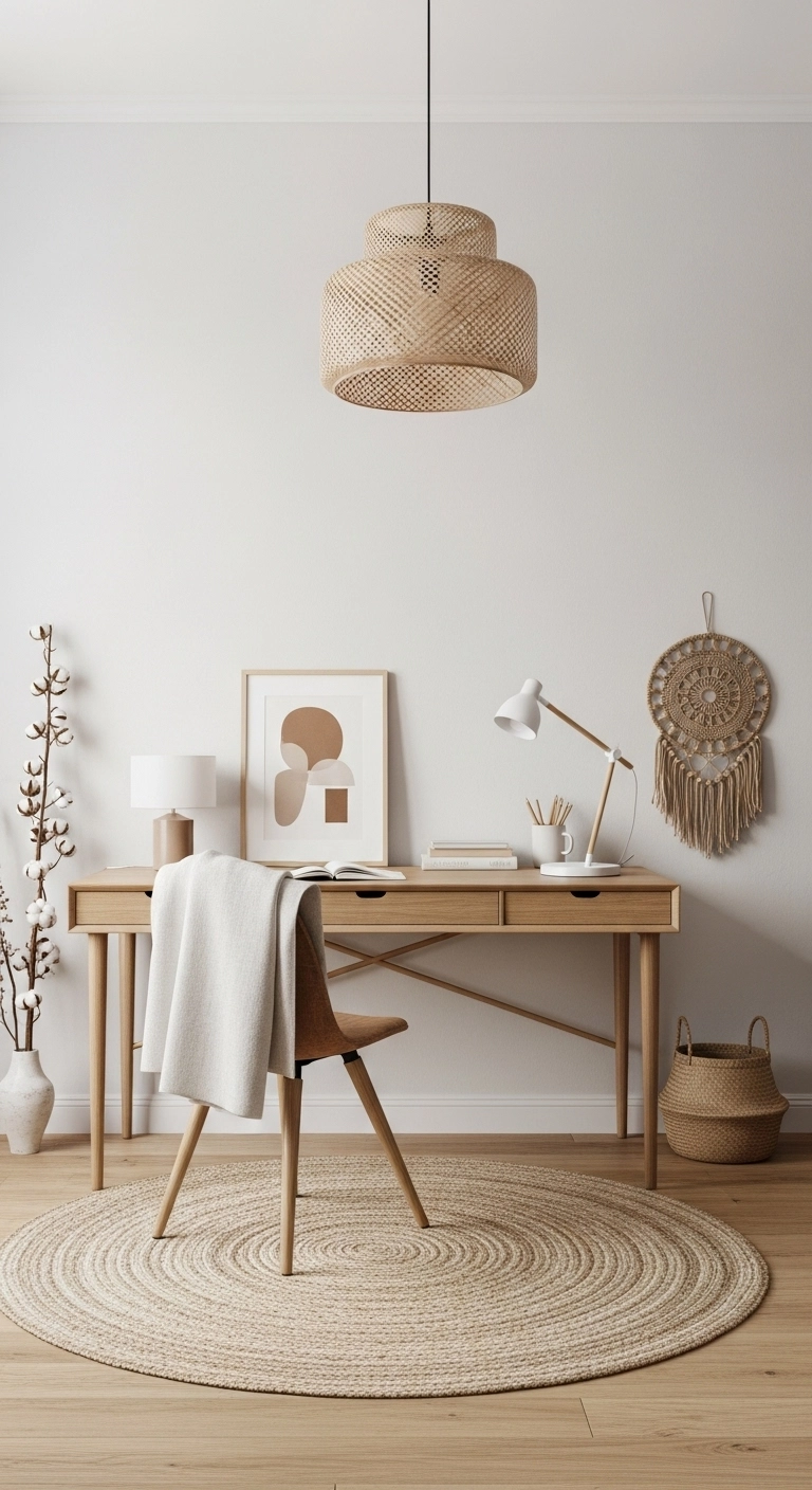 Japandi home office with a soft neutral color palette featuring whites, beiges, browns, and grays for a calm workspace.