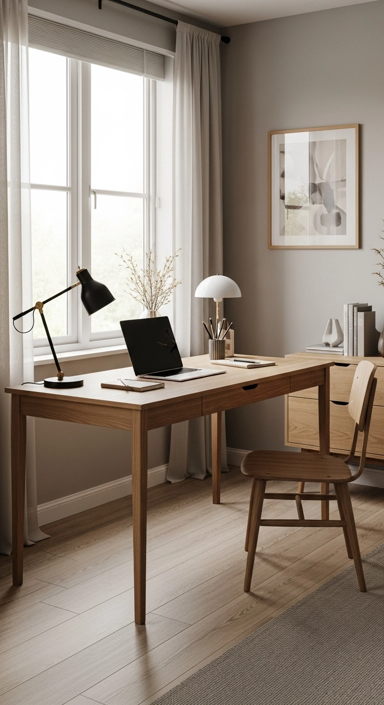 A Japandi home office with a simple wooden desk near a window, showing a calm and functional workspace design.