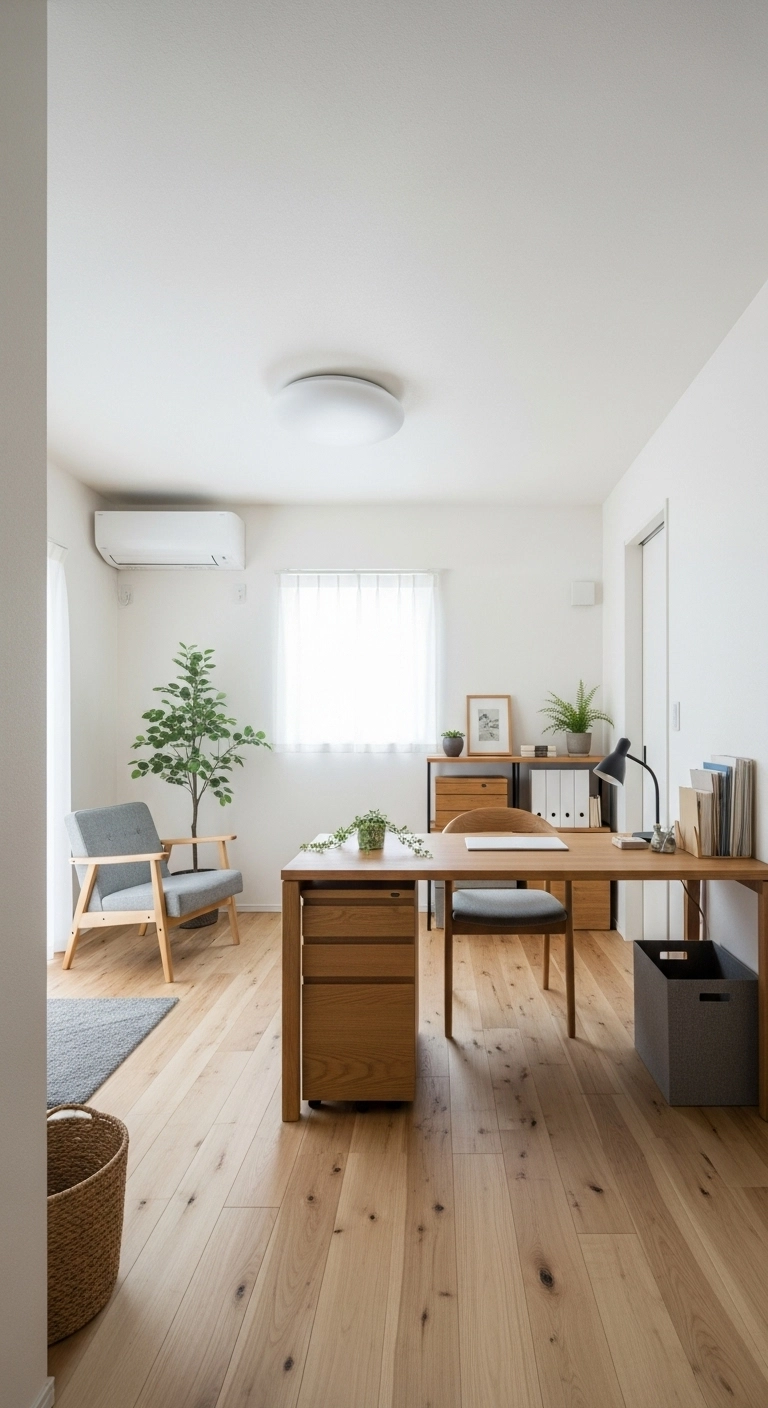 Japandi home office with an open layout that keeps walking paths clear and supports smooth movement through the workspace.