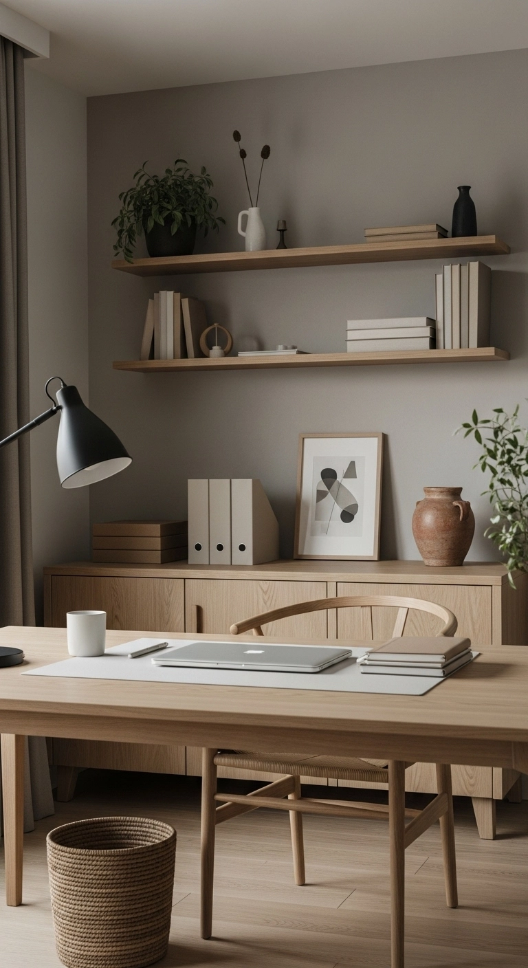 Japandi home office with minimal items on the desk, showcasing simplicity and a calm, focused workspace.