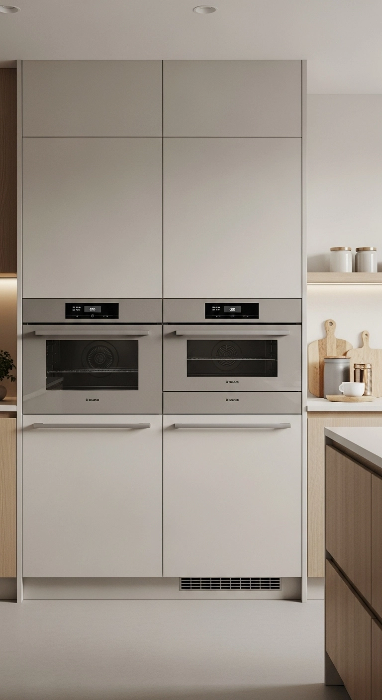 Japandi kitchen with modern appliances subtly integrated, including built-in ovens and muted refrigerators in a calm, minimalist setting.