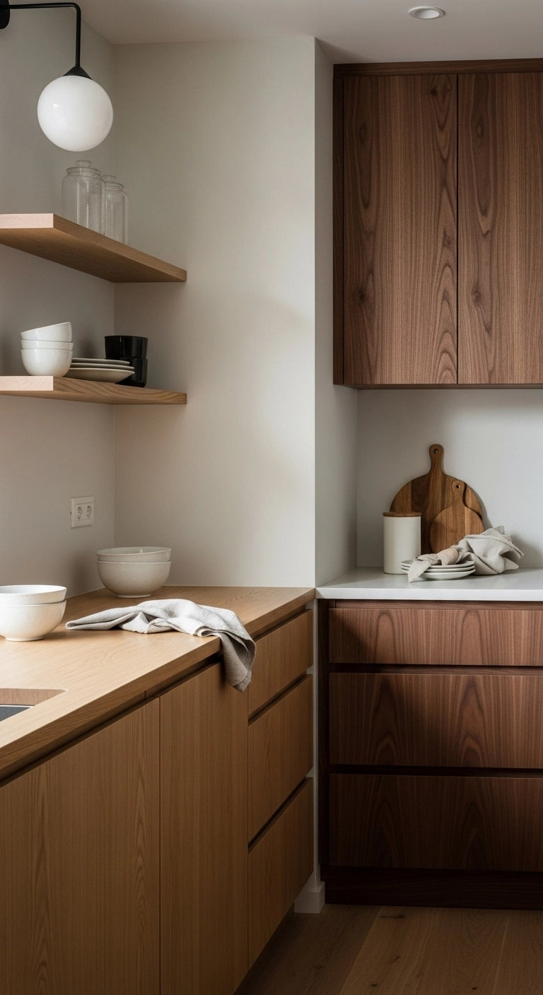 Japandi kitchen featuring a mix of light and dark wood, showing natural grain and warm textures in a calm, minimal setting.