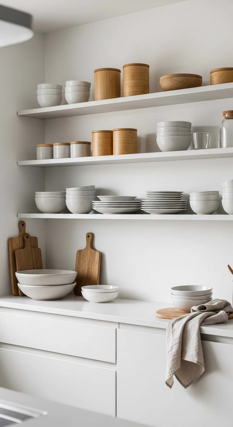Japandi kitchen with open shelves displaying neutral dishware and wooden containers, creating a tidy and airy functional space.