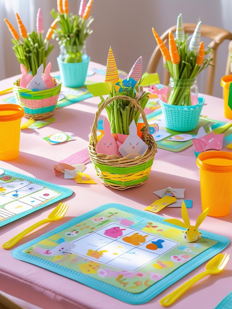 Kid-friendly Easter table decor with baskets, napkin animals, activity sheets, carrot stick jars, and colorful spill-proof cups.