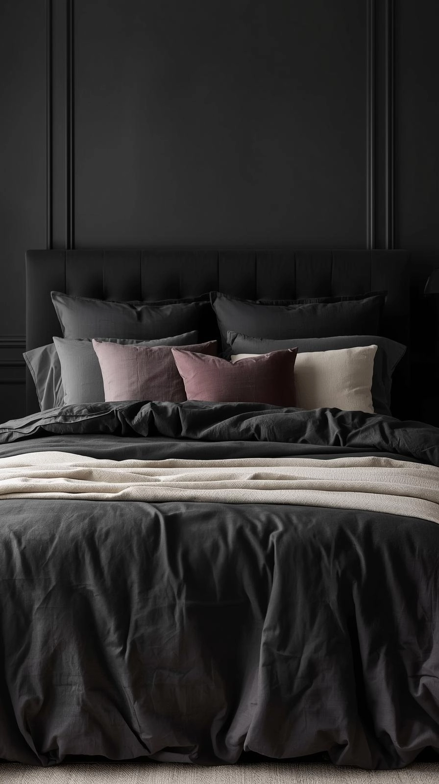 Dark feminine bedroom with a layered bed as the focal point, featuring dark sheets, soft throw, and plush cushions.