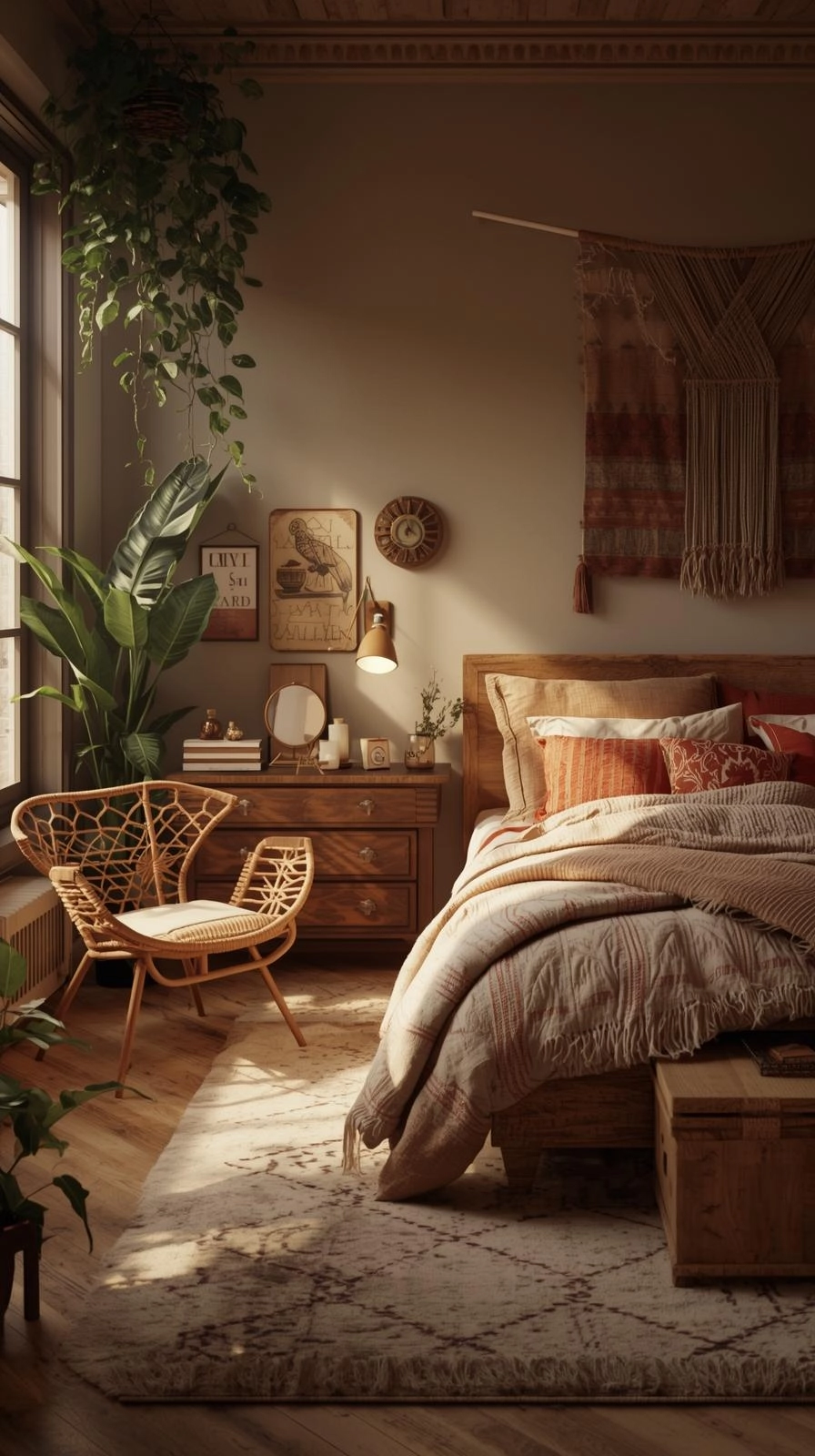 Warm and layered boho maximalist bedroom with vintage and modern decor, soft lighting, and natural textures.