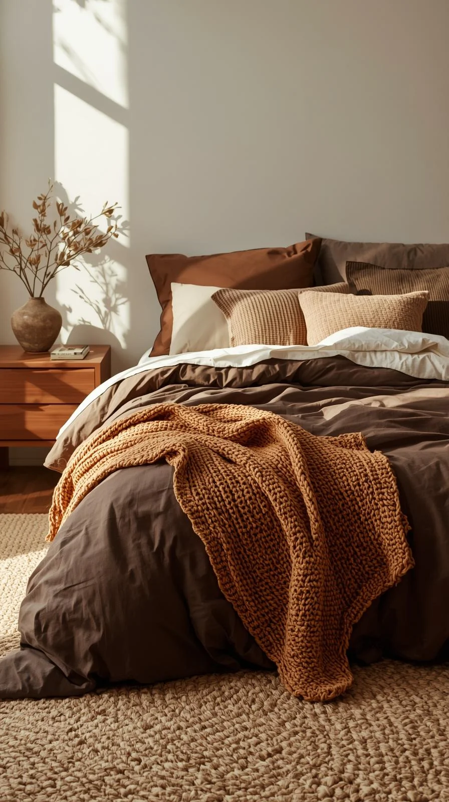 Layered brown bedding aesthetic with espresso duvet, beige sheets, and caramel throw in a cozy modern bedroom.