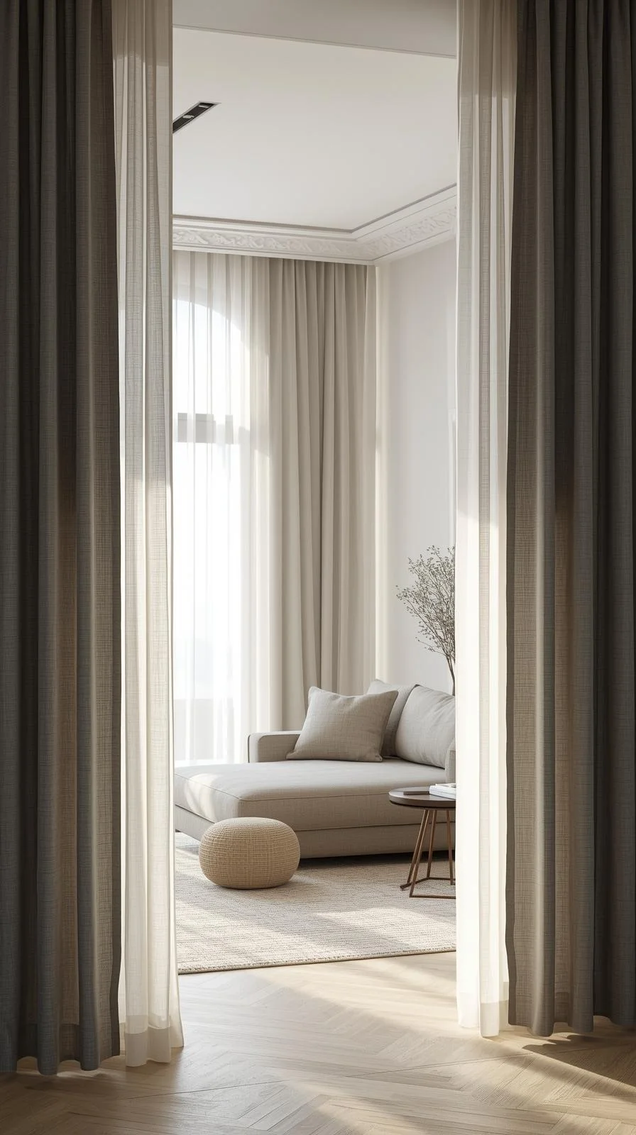 Layered curtains for living room windows combining sheer panels with heavy drapes for style and flexibility.