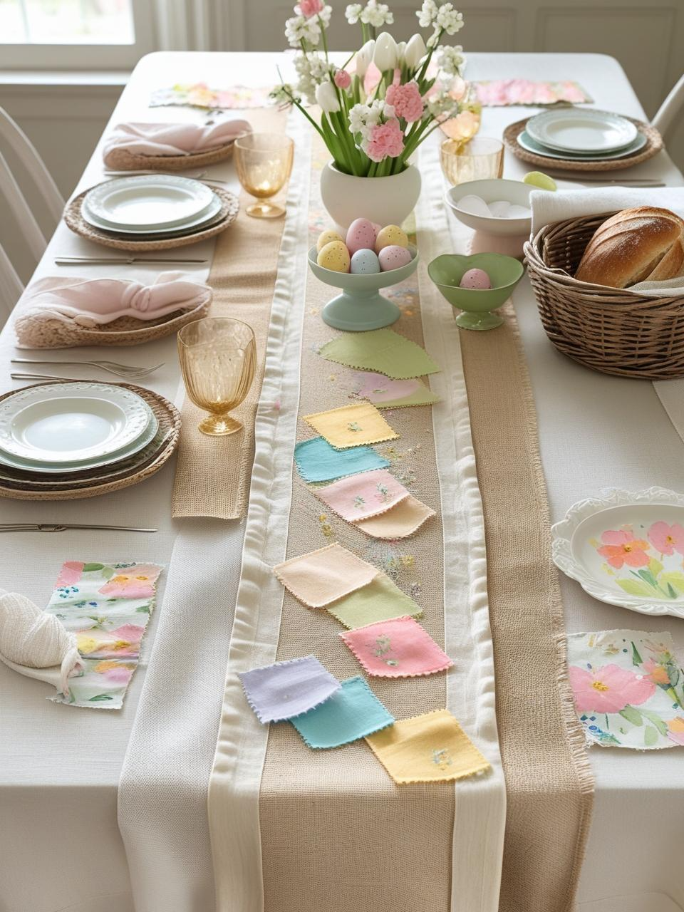 Layered Easter table with linen runner, burlap strip, woven mats, and cozy blanket corner for warm, textural depth.