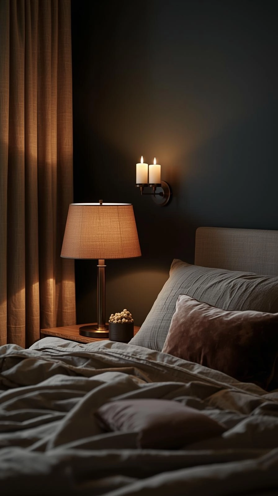 Cozy moody bedroom ideas with layered lighting from lamps, sconces, and candles creating a warm, calm glow.