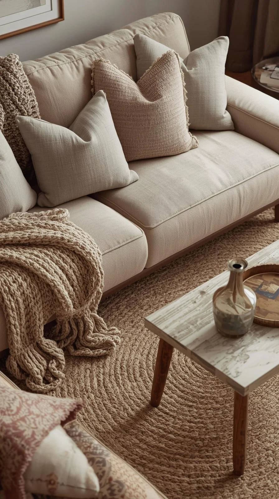 Small apartment aesthetic cozy living room with knitted throw, linen pillows, woven rug, and balanced modern textures.