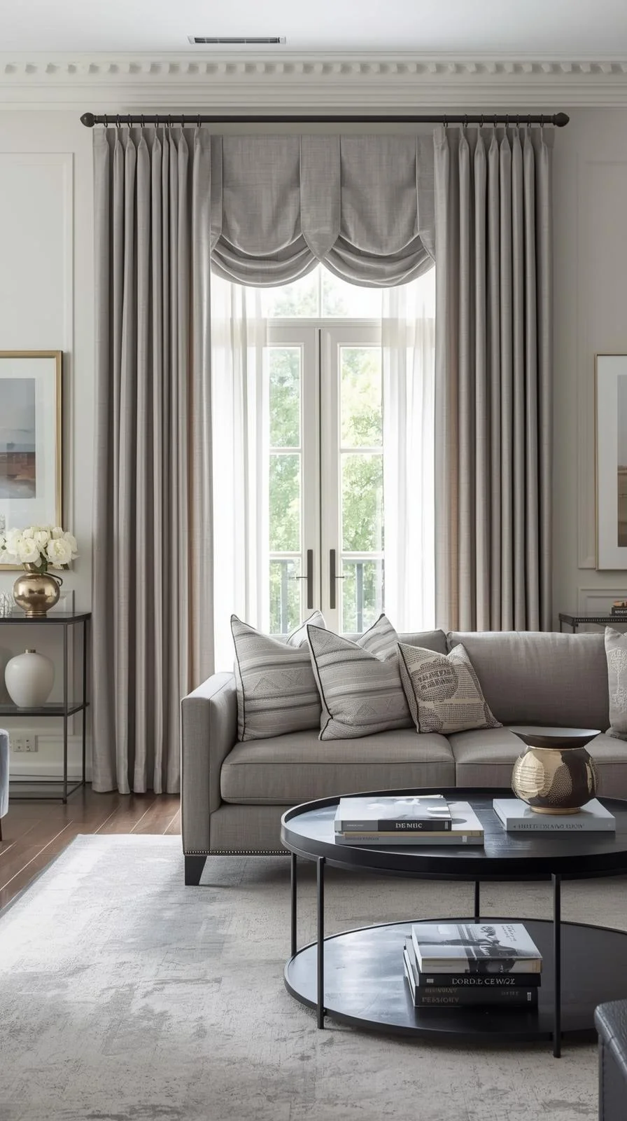 Layered valances with full-length curtains for living room windows creating a polished, balanced finish.