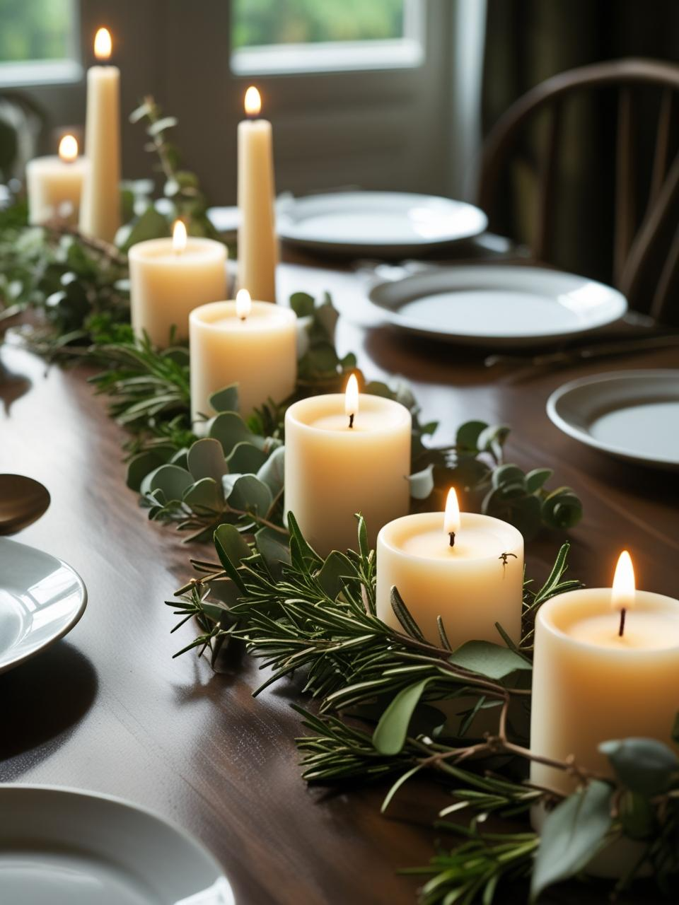 Layered low candles with greenery centerpiece on a dining room table – Dining Room Table Centerpiece Ideas.