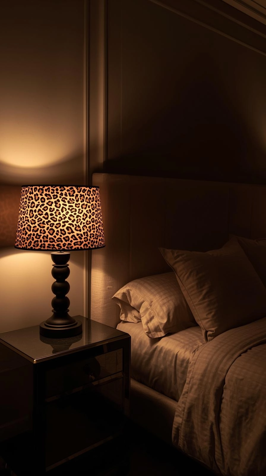 Luxury bedroom with leopard print lampshades adding subtle accent lighting for stylish leopard room ideas bedrooms.