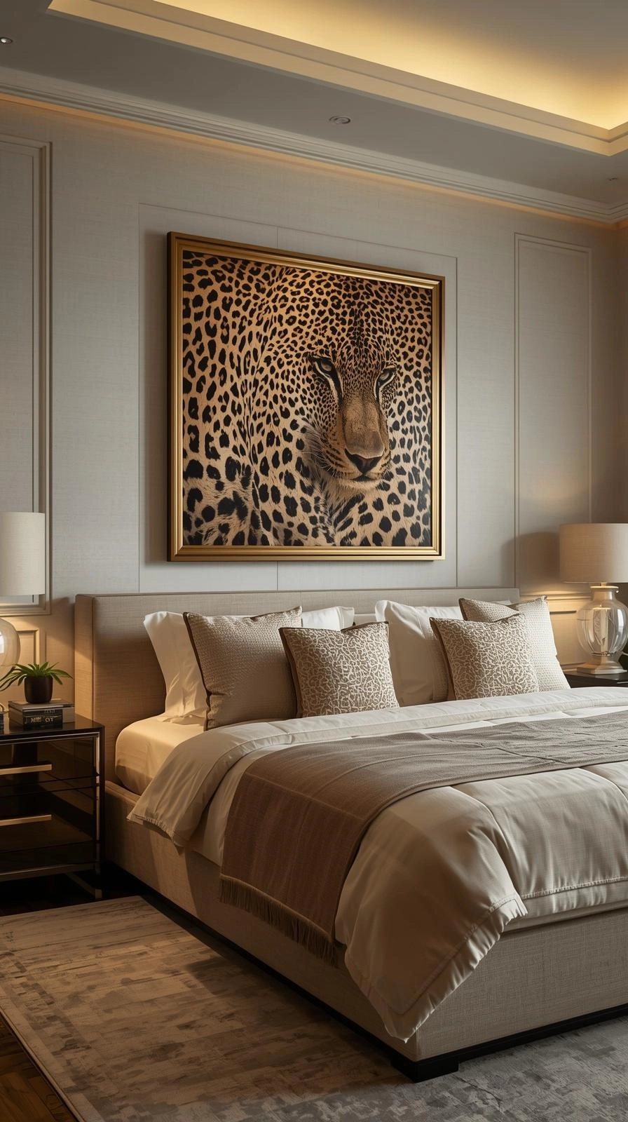 Modern luxury bedroom with framed leopard artwork above bed, showcasing refined leopard room ideas bedrooms.