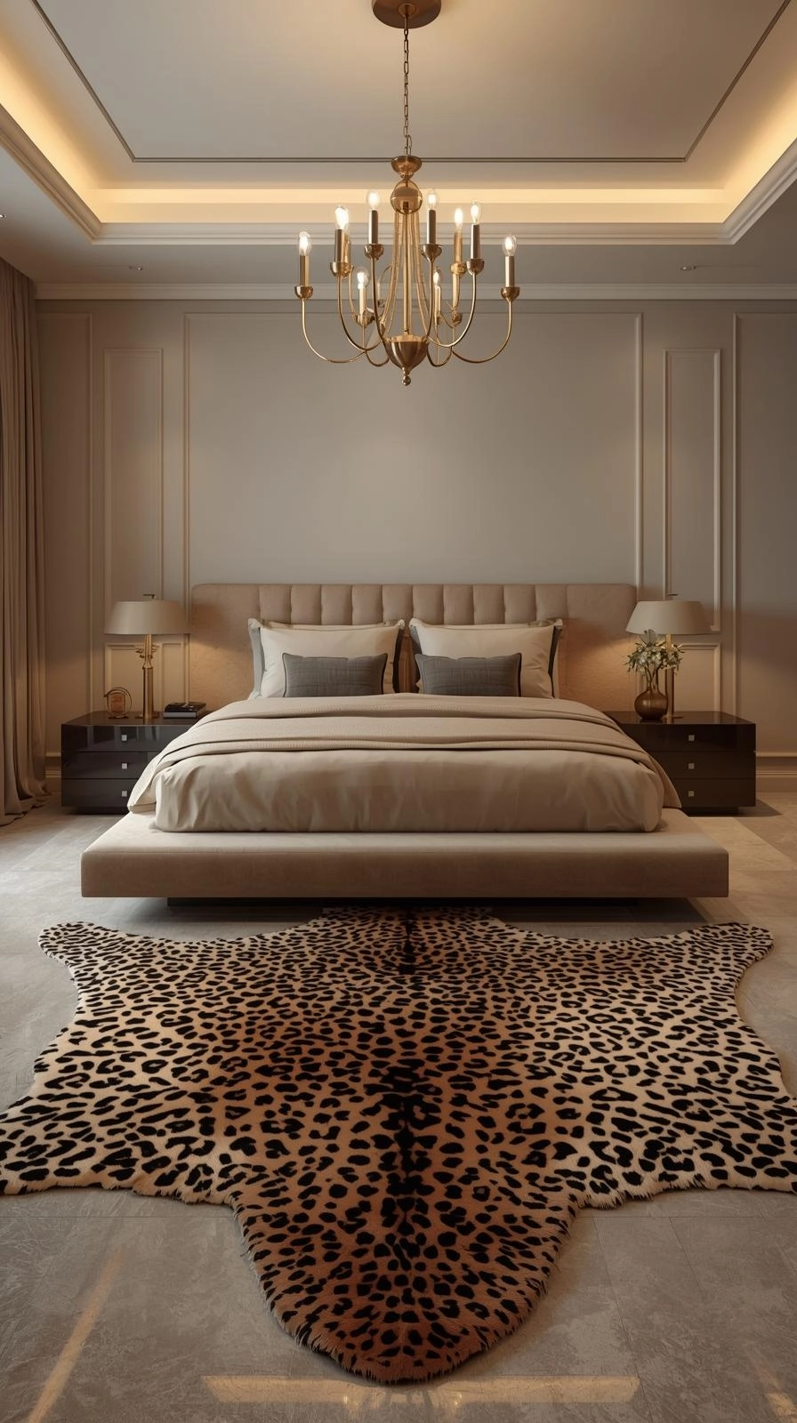 Luxury bedroom with oversized leopard rug under platform bed, showcasing bold leopard room ideas bedrooms.
