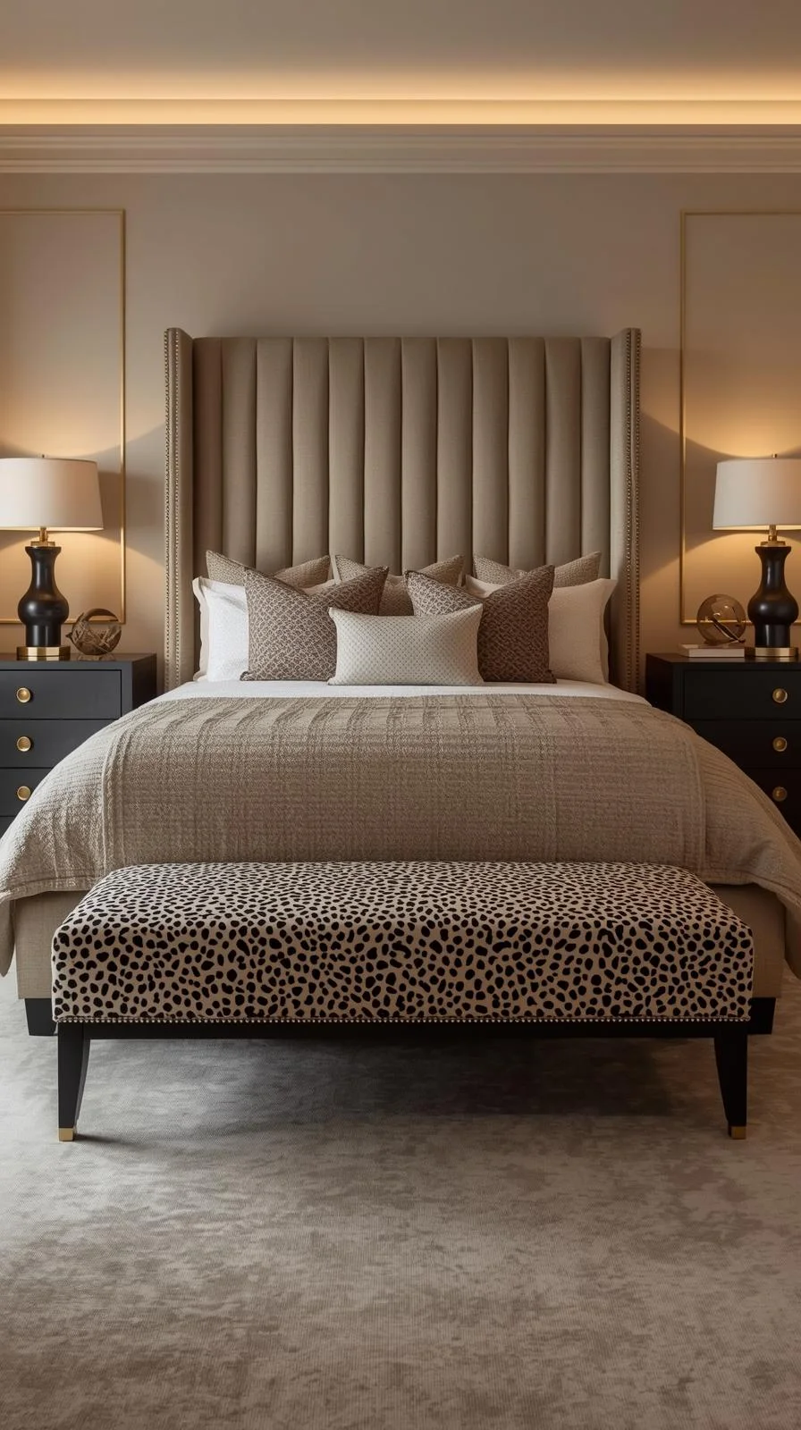 Luxury bedroom with leopard upholstered bench at the foot of the bed, highlighting stylish leopard room ideas bedrooms.
