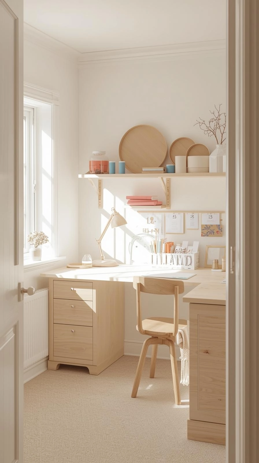 Small spaces dream craft room with light color palette, white desk, and soft natural lighting.
