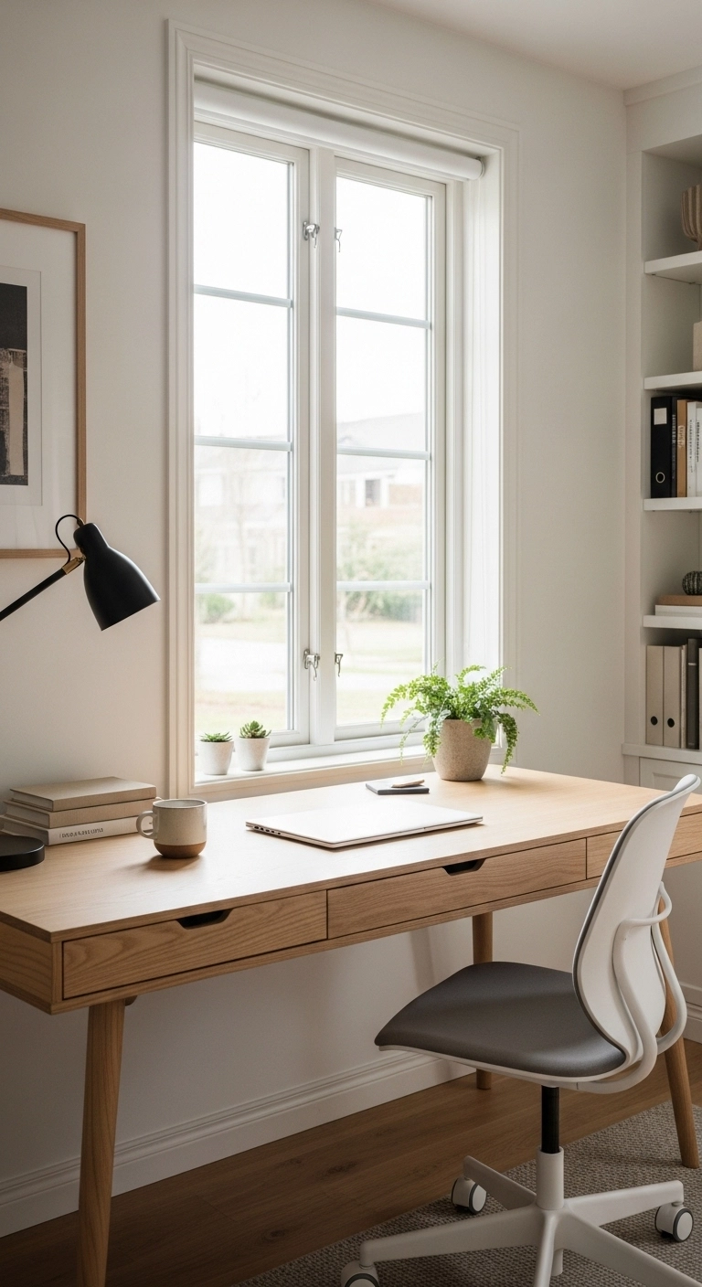 A light-filled Scandinavian home office with a wooden desk beside a large window and natural daylight creating a calm workspace.