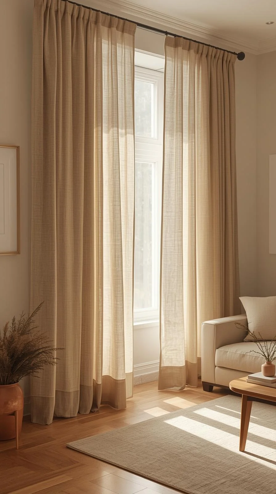 Linen curtains for living room windows adding natural texture and warmth in a neutral-toned modern home.
