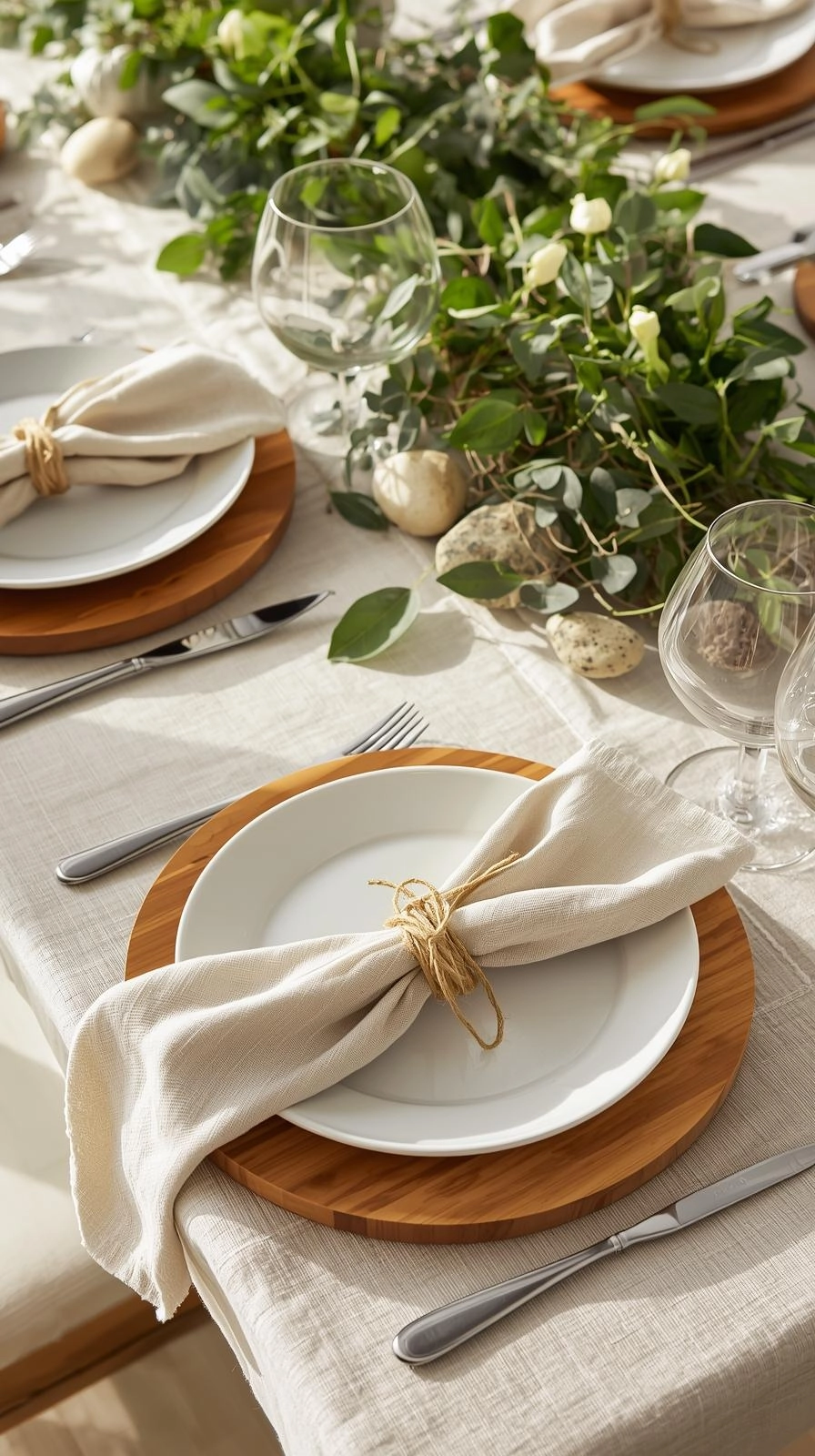 Fun natural table settings ideas with beige linen napkins tied in twine, paired with white plates and greenery for a timeless dining style.