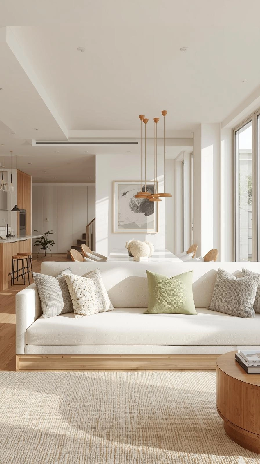 Modern open-concept living room with a neutral daybed couch used as a stylish space divider.