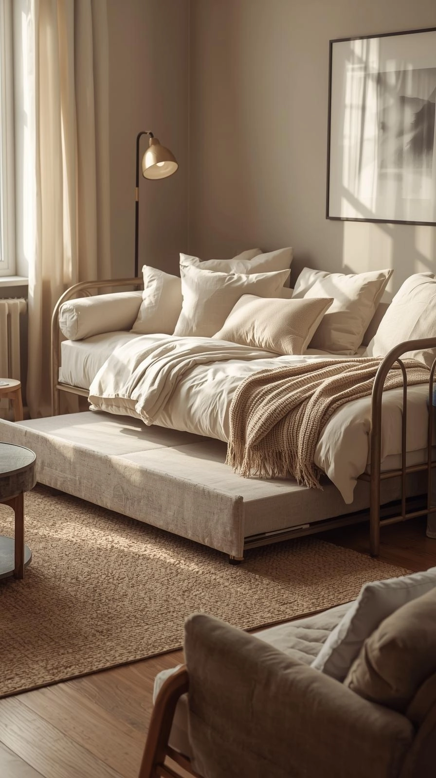 Living room daybed couch that doubles as a guest bed with layered bedding, a pull-out trundle, and cozy lighting.