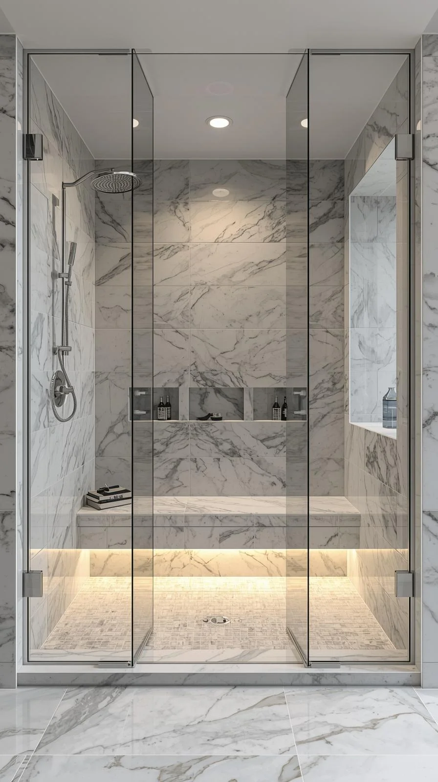 Walk in shower with wall no door ideas featuring large glass panels and marble tile in a luxury bathroom.