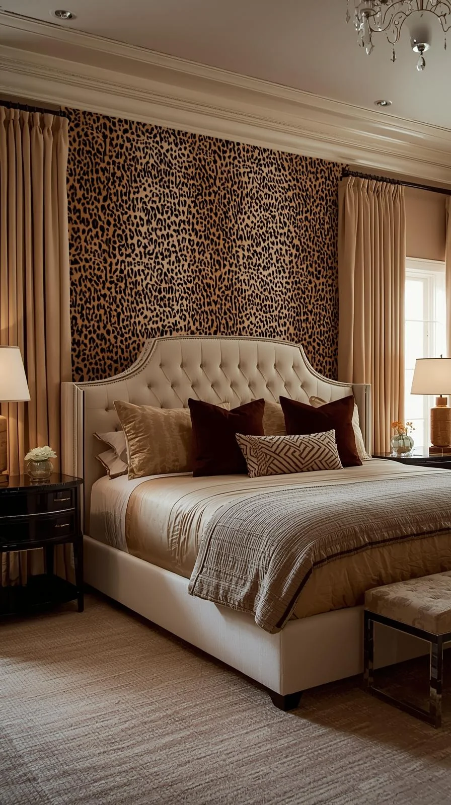 Luxury bedroom with leopard wallpaper statement wall, tufted headboard, and velvet curtains for bold leopard room ideas bedrooms.
