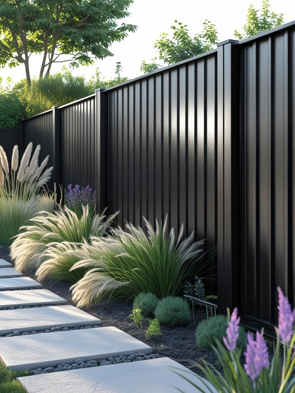 Matte black metal panel fence in a landscaped backyard as part of low maintenance backyard fencing ideas.