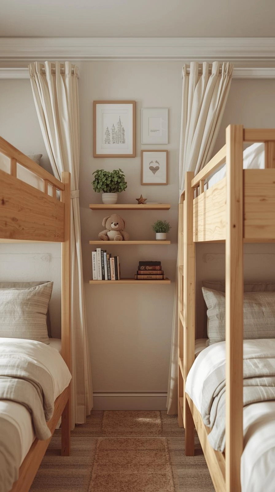 Bunk bedroom decor ideas with small meaningful touches like framed photos, soft wall art, and matching bedding for a cozy feel.