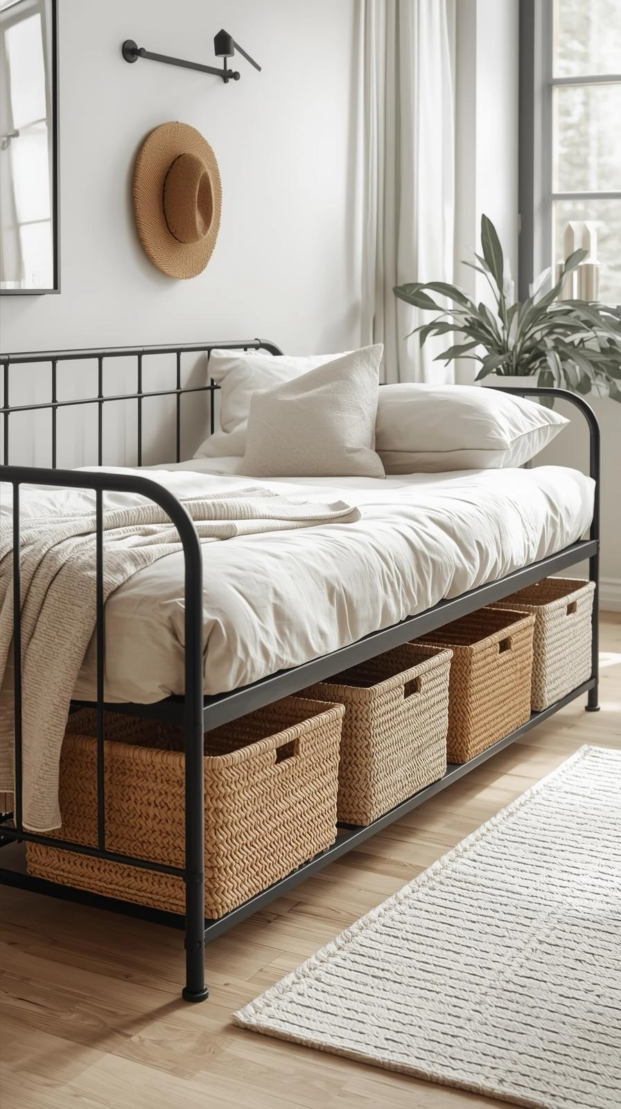Metal frame daybed with woven storage baskets neatly placed underneath in a bright, modern bedroom.