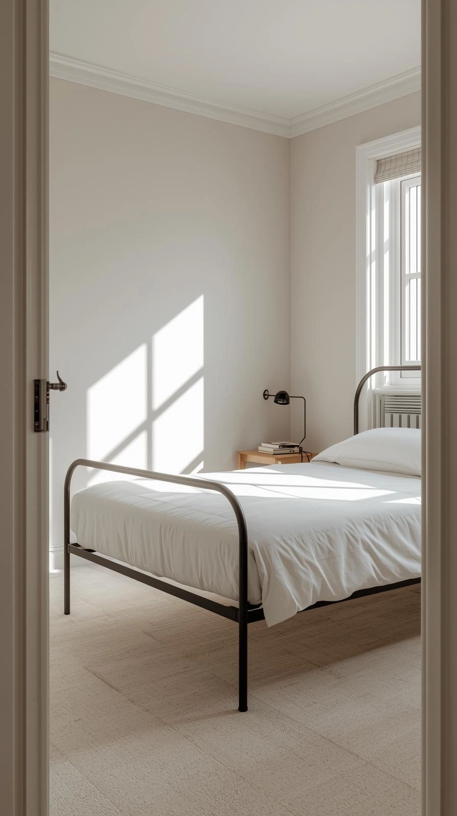Small bedroom with a black metal frame twin bed and minimal modern decor for a light, airy look.