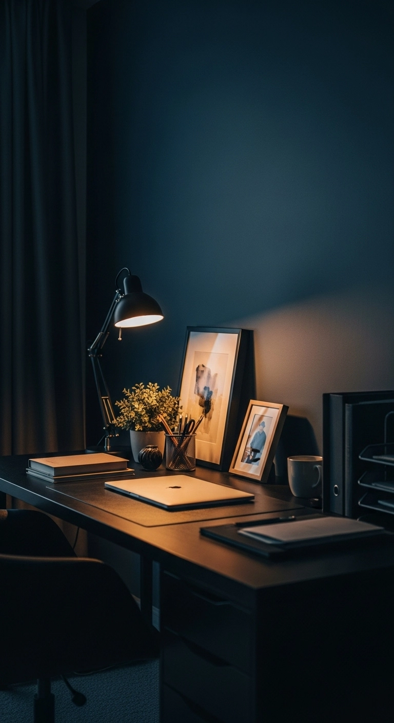 Moody home office with minimal decor, featuring a small plant, framed art, and clean desk surfaces for a focused workspace.