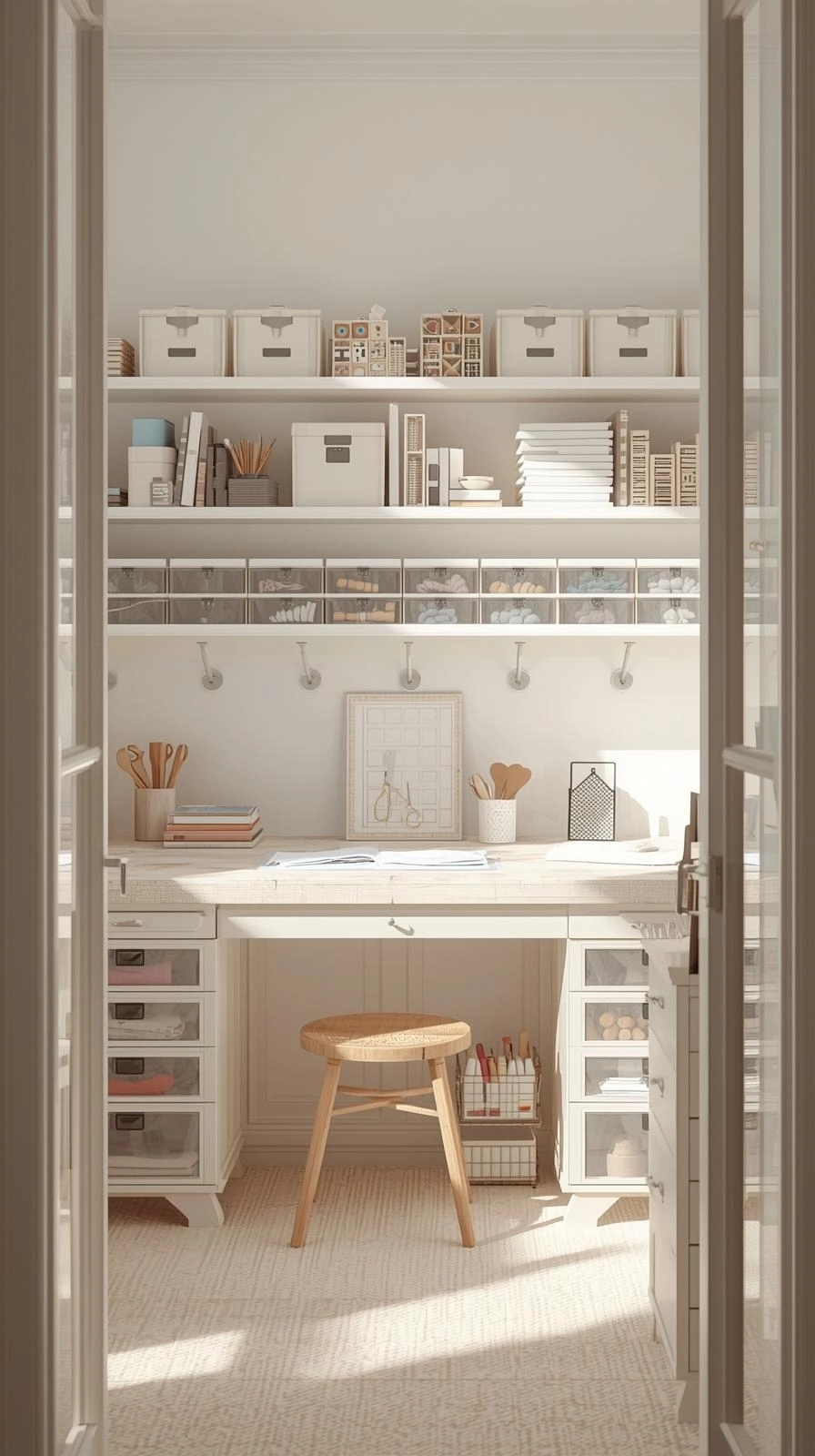 Minimal small spaces dream craft room with organized desk, labeled boxes, and clear drawers for clutter-free storage.