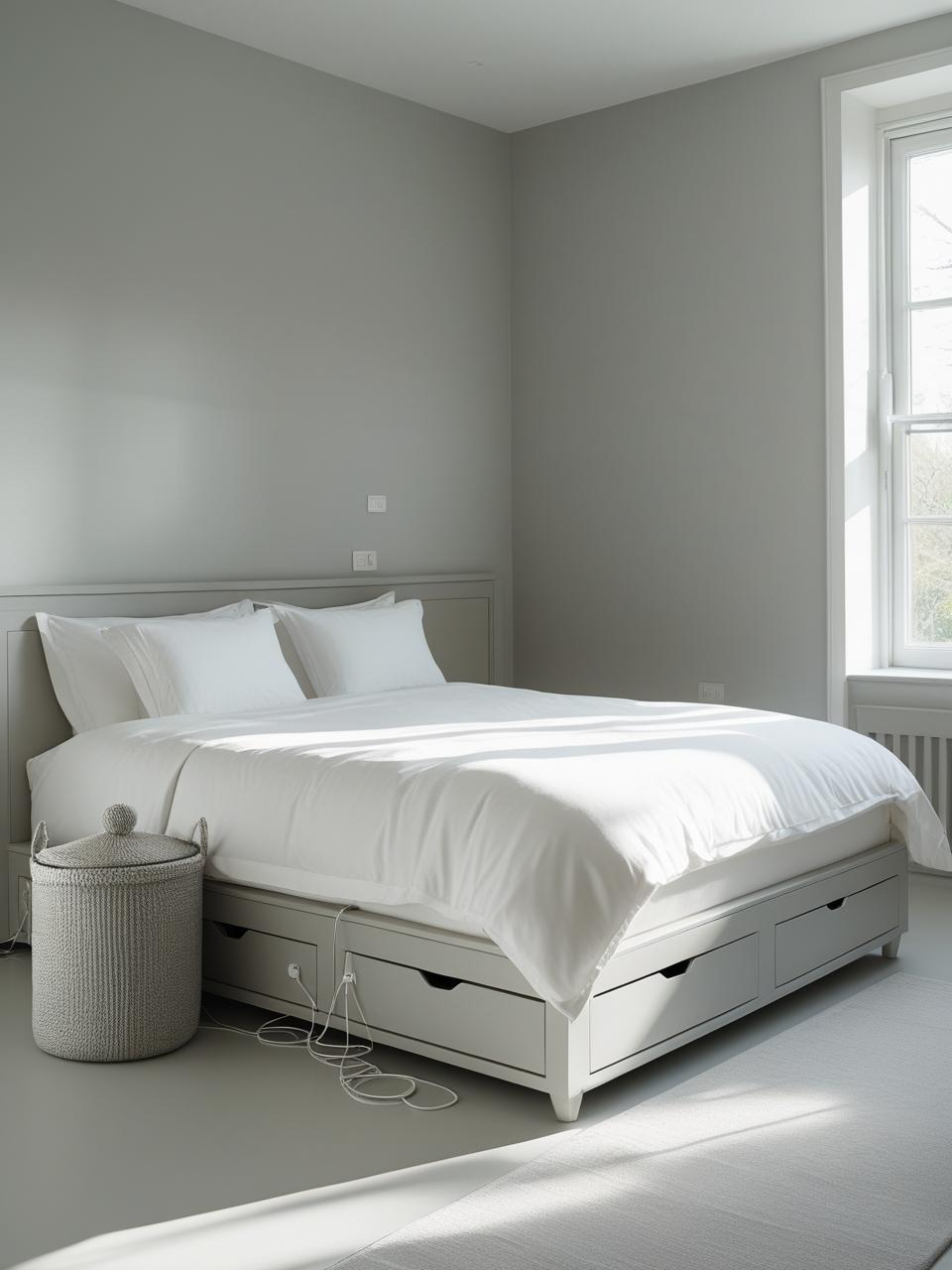 Minimal bedroom with clear floors, hidden storage, and neat pathways